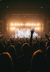 A crowd of people with hands in the air at a music concert or festival. An energetic audience enjoys a live performance on a brightly lit stage, representing nightlife, celebration, and entertainment