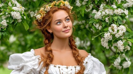 Woman with red hair and floral crown in a lush garden setting
