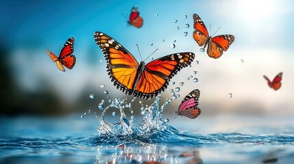 Group of orange and pink butterflies soaring above a waterbody with a blue sky in the background