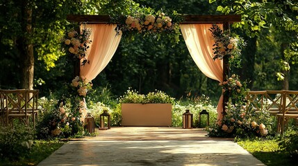  An outdoor wedding ceremony setup with flowers and greenery on either side of the aisle, as well as a wooden bench at the conclusion