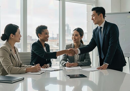 Diverse business team successfully closing a deal with a handshake in a modern office meeting, celebrating a partnership, agreement, and corporate success.