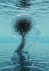 Conceptual art of mental health struggles, showing a transparent head filled with tangled chaos submerged in water, symbolizing anxiety, burnout, and feeling overwhelmed.