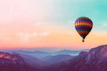 Obraz premium Vibrant hot air balloon floats over misty mountains at sunrise