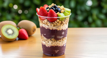 Layered açaí parfait in cup with granola, strawberry, kiwi, and blueberry on wooden table.

