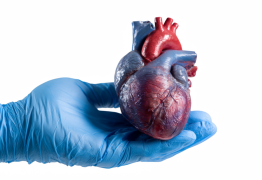 An anatomical human heart model is gently held in a gloved hand, set against a stark black background, displaying intricate cardiovascular details.