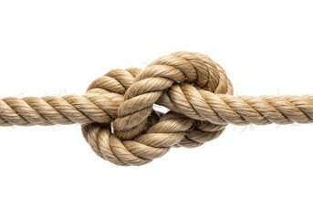 Thick natural fiber rope tied in a secure knot on white background