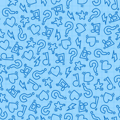 Seamless pattern of linear elements of hearts, lightning bolts and signs on a checkered background like in a back to school notebook