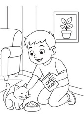 Coloring book boy feeding a cat from pet food bag.
