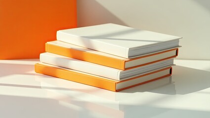 Stack of books with bright orange and white covers in sunlight