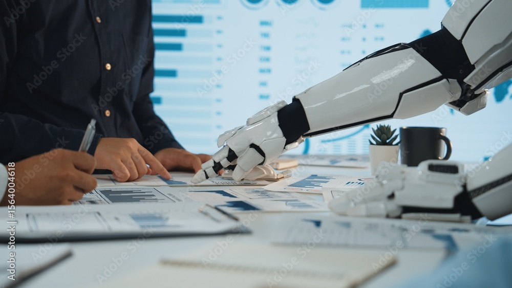 Poster a modern office scene showcasing collaboration between humans and robots. a robotic arm assists with