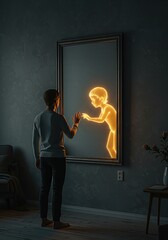 Person connecting with their luminous inner child in a mirror, a concept of self-reflection, healing, nostalgia, and confronting the past.