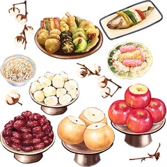 Korean Traditional Ritual Food Elements Illustration Set