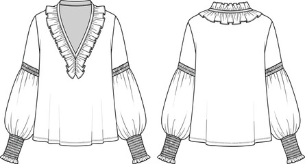 Blouse sketch illustration, V-neckline with ruffle trim, puffed sleeves, gathered cuffs, back ruffled collar, front back views, fashion design drawing