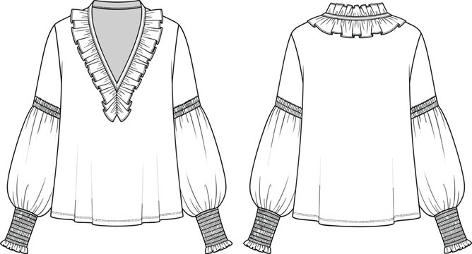 Blouse sketch illustration, V-neckline with ruffle trim, puffed sleeves, gathered cuffs, back ruffled collar, front back views, fashion design drawing