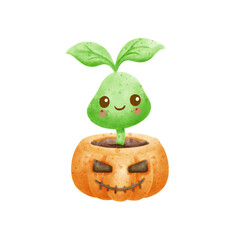 Smiling Plant Sprout in Pumpkin Pot - Halloween Cute Plant