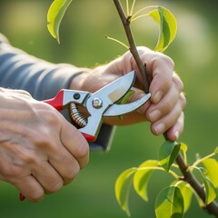 High-resolution close-up of gardener’s hands trimming tree branches with pruning shears in spring, sharp blades, soft natural light, blurred green background.