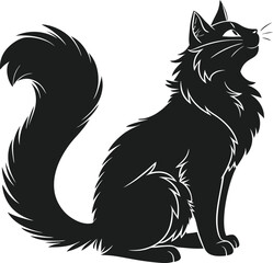 Fluffy black long-haired cat silhouette sitting looking up vector art
