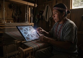 Traditional indigenous artisan merging heritage with innovation, using a digital tablet to project a futuristic glowing pattern onto a handloom while weaving in a rustic workshop.