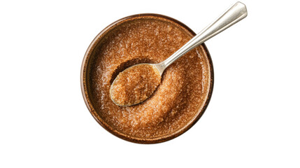 Fototapeta premium Top view of a bowl of brown sugar scrub with a spoon isolated on transparent background