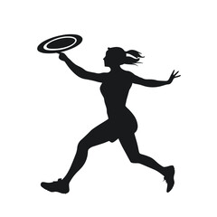 Black silhouette of a woman running with a frisbee on a white background for sports activities and outdoor fun
