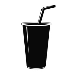 Black silhouette of a drink cup with a straw on a white background for beverage branding and refreshment concepts