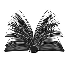 Black silhouette of an open book on a white background for education and literature design
