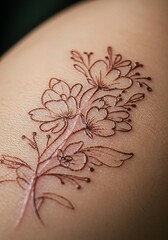 Floral tattoo design over a healing scar, symbolizing self-love, resilience, and body positivity. Delicate line art on skin.