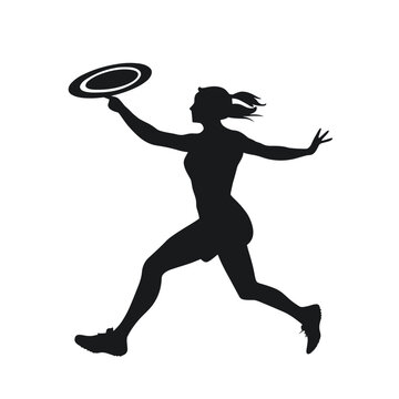 Black silhouette of a woman running with a frisbee on a white background for sports activities and outdoor fun