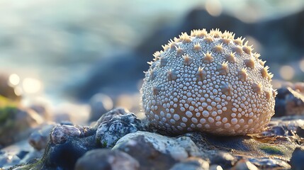 Sea urchin resting calmly on coastal rocks at sunrise high resolution picture