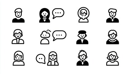 Collection of Icons Depicting Diverse People Engaging in Conversations and Discussions