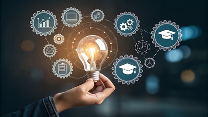 Photo of a hand holds a glowing lightbulb surrounded by gears and icons representing education, technology, and innovation, symbolizing new ideas and progress