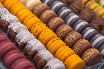 Colorful assortment of macarons displayed in a pastry shop