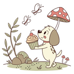 SVG art: A Joyful Playful puppie in a Fairy forest vibe with holding a cupcake, tinted with Whimsy Woods tones