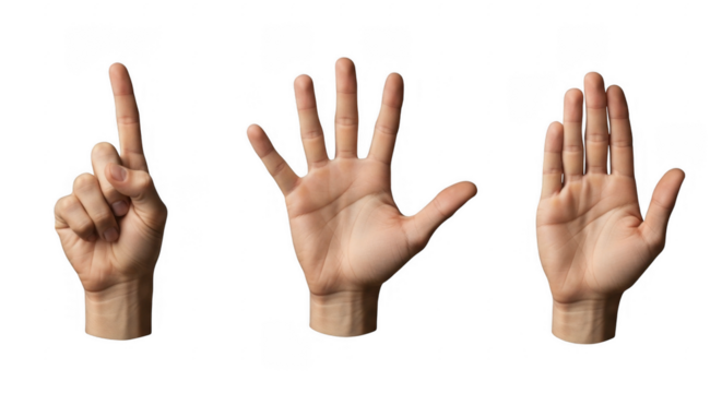 Three Human Hands Displaying Various Gestures for Effective Communication and Emotional Expression in Body Language, isolated on a transparent background