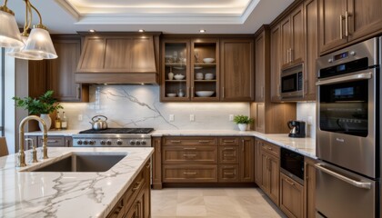 Fototapeta premium Modern Kitchen Interior Featuring Wooden Cabinets and Marble Countertops with Elegant Lighting