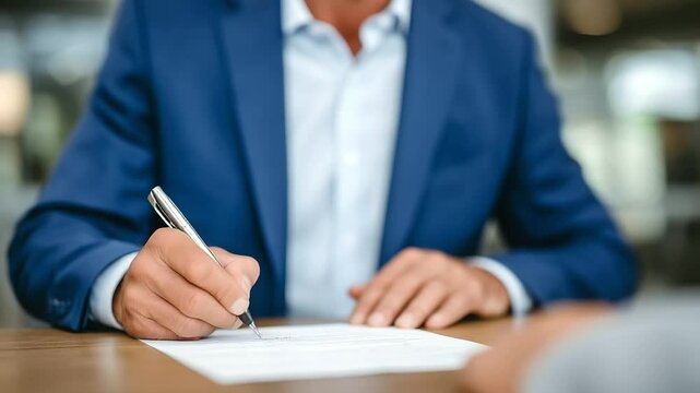 Client signs home buying paperwork with pen in hand, real estate agent observes and offers guidance in bright professional office.