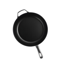 Top-down high-angle view of modern black non-stick frying pan with metallic handle on transparent background PNG, isolated realistic kitchen cooking utensil

