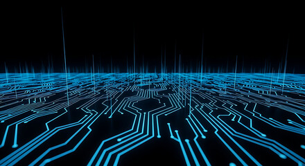 Digital circuit board glowing lines showing data flow in cyber space, technology, security, or connection.