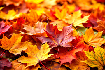 Vibrant Close-Up of Autumn Maple Leaf Pile in Rich Fall Colors, Created with AI Generative