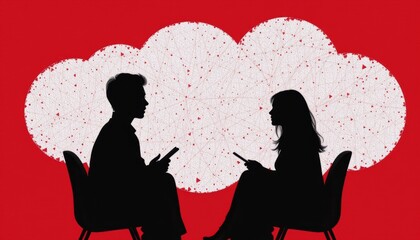 Silhouetted Couple Engaged in Conversation with Mobile Devices Against a Red Cloud Background