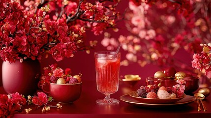   A red table is set with a plate of fruit and a glass of wine near a vase brimming with flowers