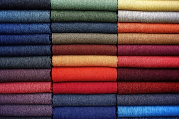 Stack of folded multi-colored fabric, creating texture and depth. Variety of hues displayed in an organized manner, showcasing different shades.