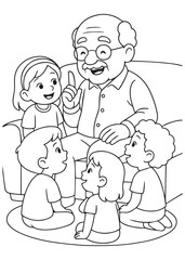 Coloring book grandpa telling stories to children in the living room.