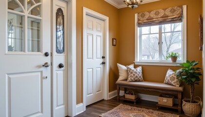 Cozy and Inviting Home Entrance with Warm Tones and Stylish Furniture Accents