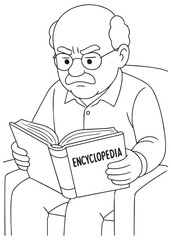 Coloring book grandpa reading encyclopedia with serious face.