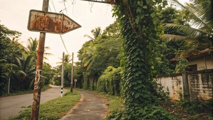 Sun-Faded Street Sign Covered in Tropical Vines
