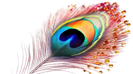 Obraz premium Close up of a vibrant peacock feather with water droplets isolated on transparent background