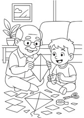 Coloring book grandpa making kite with grandson on the floor.
