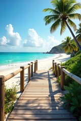 Sun-Drenched Wooden Walkway Winding to a Tranquil Beach, Gentle Ocean Waves Lap the Shore, Perfect Summer Vacation Scene