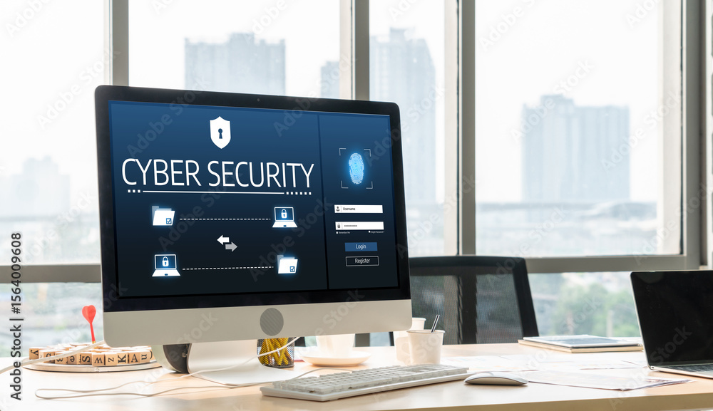 Poster cyber security system on computer screen protect private information snugly from hacker and cyber at